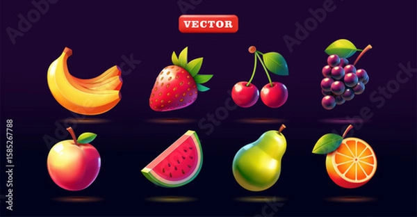 Fototapeta Fruit slot machine featuring bananas, strawberries, cherries, grapes, peaches, watermelons, pears, and oranges. 3D vector. Suitable for business, gaming, and design elements