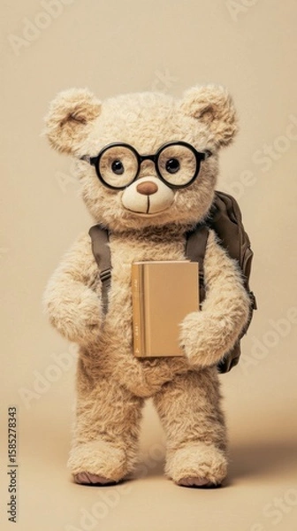 Fototapeta Teddy bear with glasses and backpack holding a book