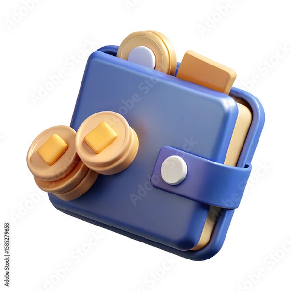 Fototapeta Blue wallet with gold coins isolated on a transparent background