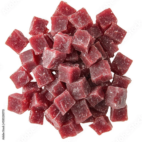 Fototapeta Raw beef cubes pile isolated on a transparent background diced