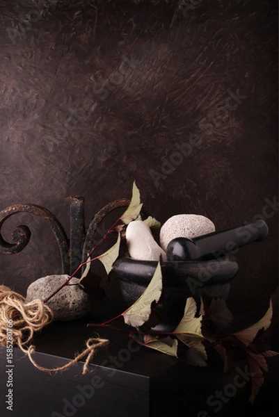 Fototapeta Mortaio in pietra con elementi naturali, still life con spazio per testo