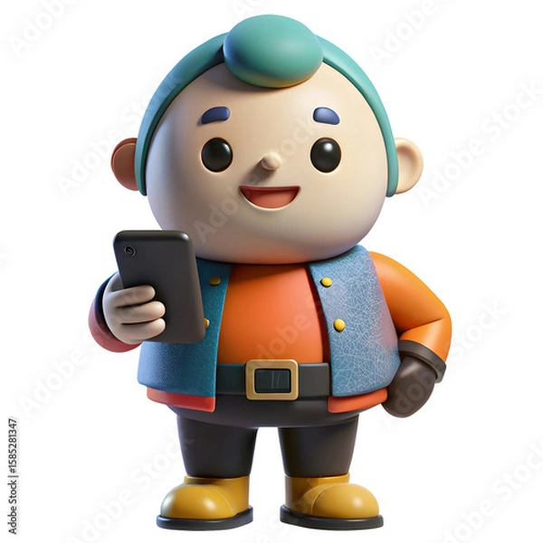 Fototapeta Cheerful character holding mobile device isolated on a transparent background