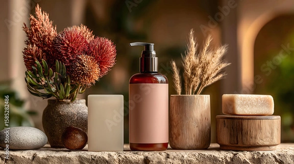 Fototapeta Serene display of pastel pink bottles, natural soaps, and decorative plants creates calming atmosphere in this beautifully arranged setting