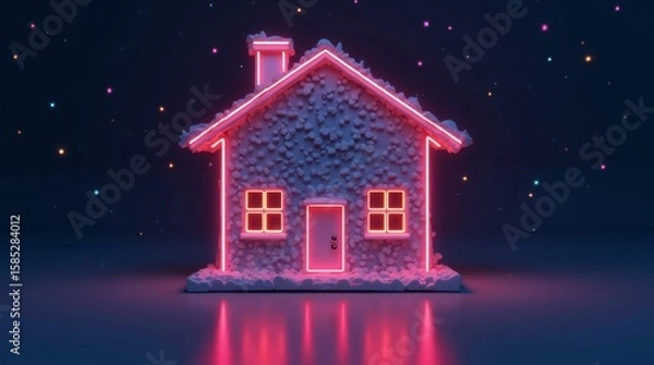 Fototapeta Model of glowing small house on dark sparkling background