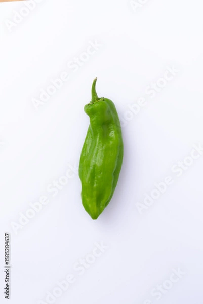 Obraz Fresh green chili pepper isolated on white background with copy space. Spicy vegetable perfect for culinary designs, recipes, and food presentations.