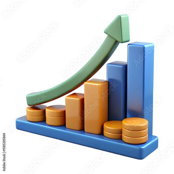 Fototapeta Blue bar graph with orange coins and green arrow isolated on a transparent background