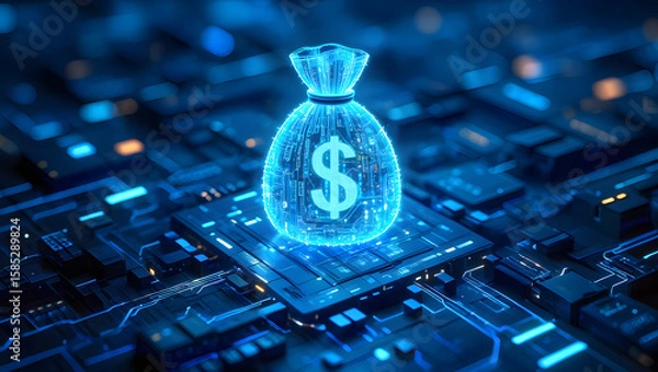 Obraz Digital currency concept Glowing dollar sign money bag on circuit board