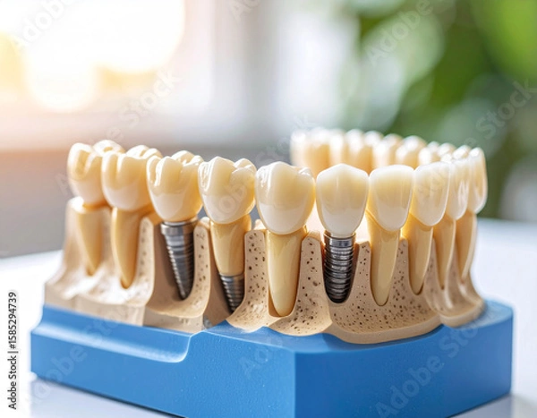 Fototapeta Close examination of dental prosthetics showcasing crowns and bridges on a model jaw with intricate details and precision craftsmanship