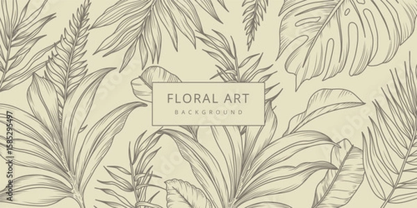Fototapeta Botanical Tropical Sketch Background with palm tree and monstera leaves pattern in line art style. Hand drawn vector illustration for card, banner, print, poster, cover, wedding invitation, packaging