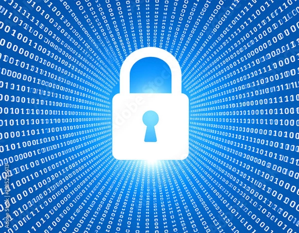 Fototapeta Digital padlock emerges from flowing binary code in a vibrant blue abstract background showcasing cybersecurity concepts and data protection mechanisms