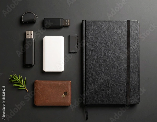 Fototapeta Collection of tech essentials including USB stick, encrypted external drive, and notebook arranged on a dark desk for productivity tasks