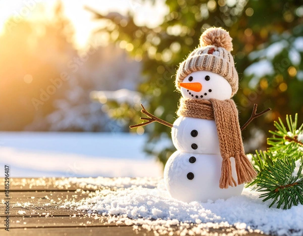 Fototapeta Cheerful snowman figurine with carrot nose and scarf stands on a snowy garden table during winter sunset