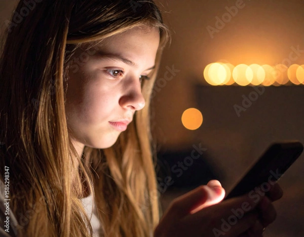 Fototapeta Teen girl expresses concern while checking smartphone in dimly lit room filled with soft lights during the evening