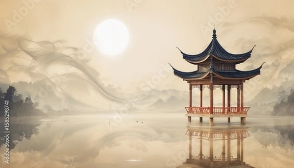 Obraz Serene Chinese Pagoda Above Tranquil Reflective Lake