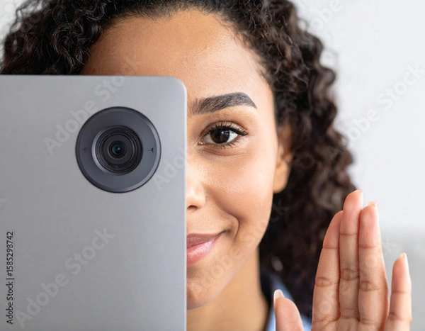Fototapeta Teenager using privacy shutter on laptop webcam to ensure online safety while working on school assignments at home