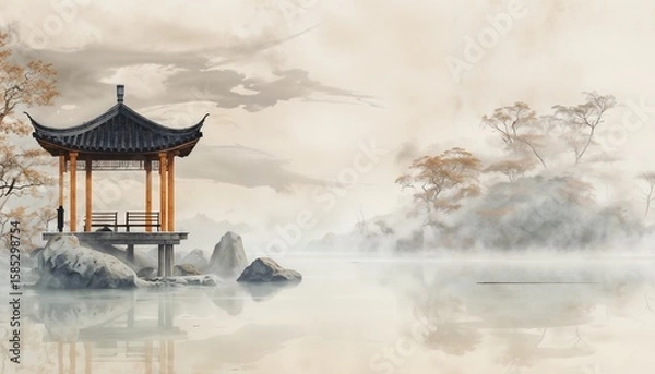 Obraz Tranquil East Asian Pavilion Above Still Water Surrounded By Mist