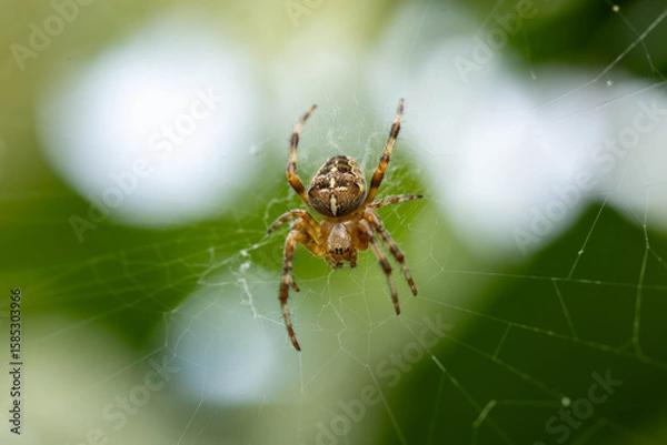 Fototapeta A detailed close-up of a brown spider resting at the center of its web, with a green and white blurred natural background.