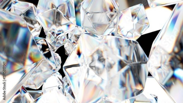 Fototapeta Shiny transparent crystals with realistic refraction and rainbow dispersion. Abstract close-up with light reflections and clean background.