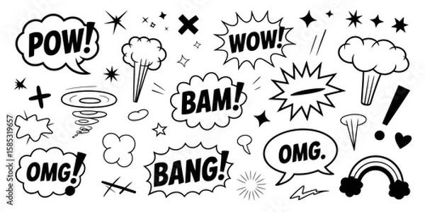 Fototapeta Comic Boom Cartoon Effect Icon Set – Hand Drawn Vector Doodle Elements Including Speech Bubbles, Pow, Boom Text, Explosions, Smoke, and Wow Effects for Illustrations

