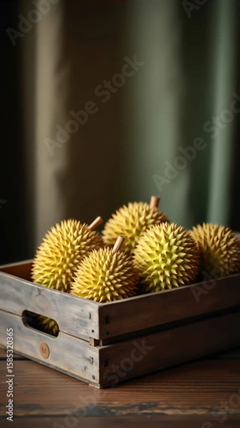 Fototapeta Wooden crate filled with fresh spiky durians in soft light