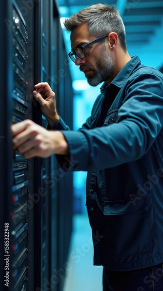 Fototapeta Focused technician adjusting server racks in modern data center