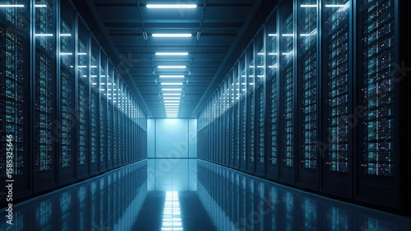 Fototapeta Data center hallway showcasing technological infrastructure and modern digital network