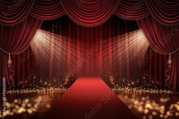 Fototapeta Dramatic red carpet leading to a stage with elegant red curtains