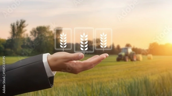 Fototapeta Precision Farming: Hand displaying grain icons with rural landscape backdrop