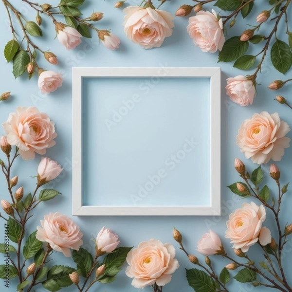 Fototapeta Floral frame with peach roses and leaves, pastel background, perfect for messages