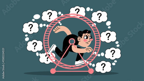 Fototapeta man running in a hamster wheel with question marks vector illustration