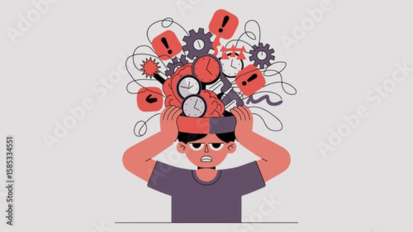 Fototapeta overwhelmed man with an open brain full of chaotic gears and clocks, vector illustration 