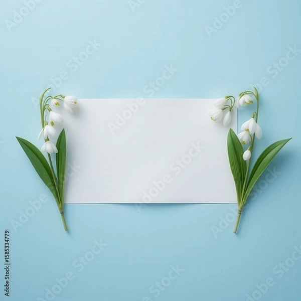 Fototapeta Minimalist snowdrop floral frame with a blank white card on a soft blue backdrop