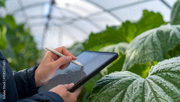 Obraz Close View of Frosted Leaf Crests and Ridges in Greenhouse Setting