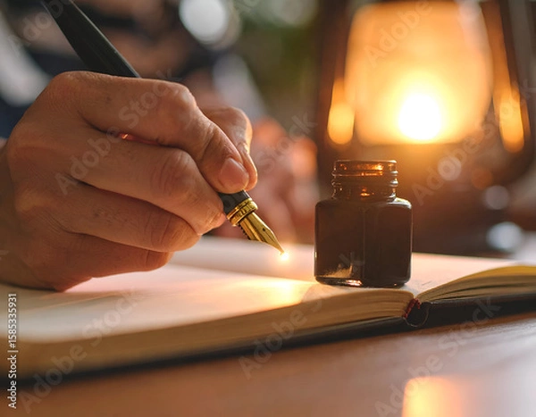Obraz Ink Drop Hovering Over Nib Beneath Lantern Glow While Writing