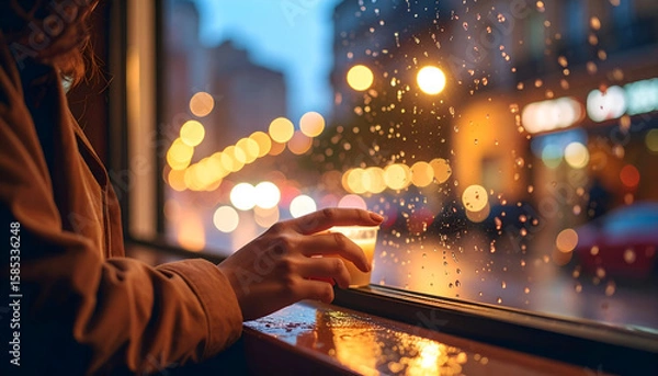 Obraz Close-Up of Rain Spatter on Window with Soft Cafe Lighting
