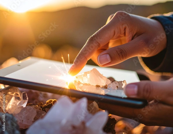 Obraz Hand Touching Quartz Crystal in Sunset with Digital Device Display