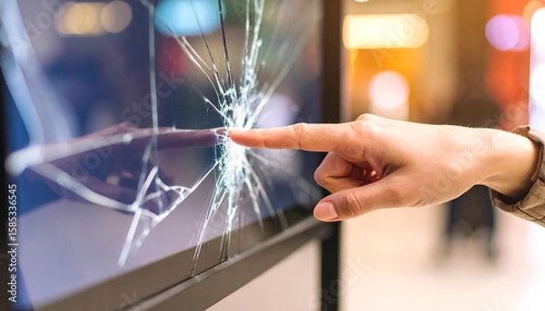 Obraz Close-Up View of Fractured Glass on Display Panel with Finger Touching