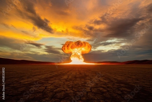 Fototapeta Apocalyptic scenario visualization showing dramatic explosion over cracked terrain