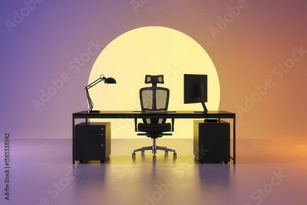 Fototapeta Ergonomic workspace setup with desk, computer and chair for office work