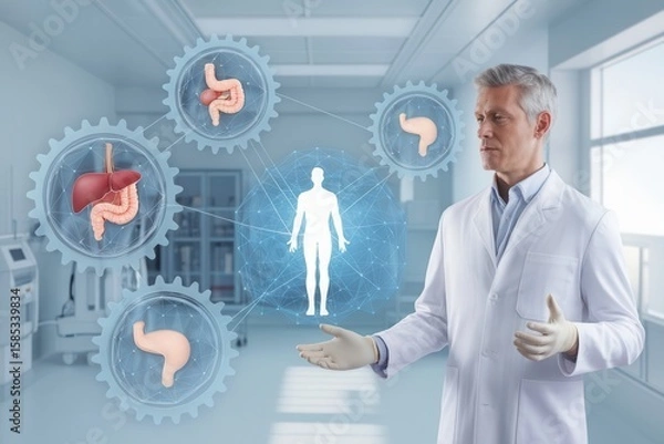 Fototapeta Healthcare innovation concept with doctor presenting digestive system mechanics