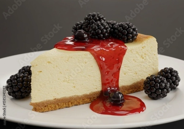 Obraz Decadent cheesecake slice adorned with fresh blackberries and sweet red glaze on a white plate