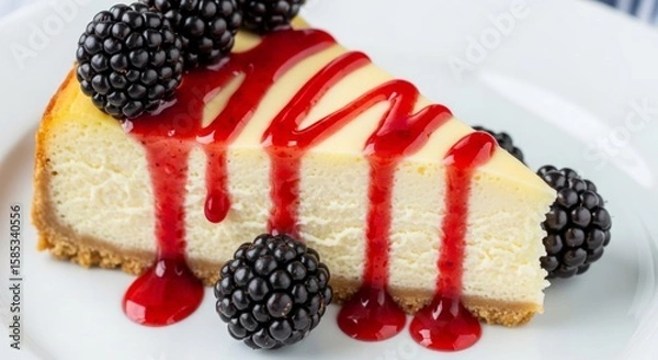 Obraz Decadent slice of blackberry cheesecake with luscious red drizzle on a crisp white plate top down