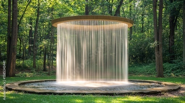 Fototapeta Circular waterfall in lush green forest with serene atmosphere

