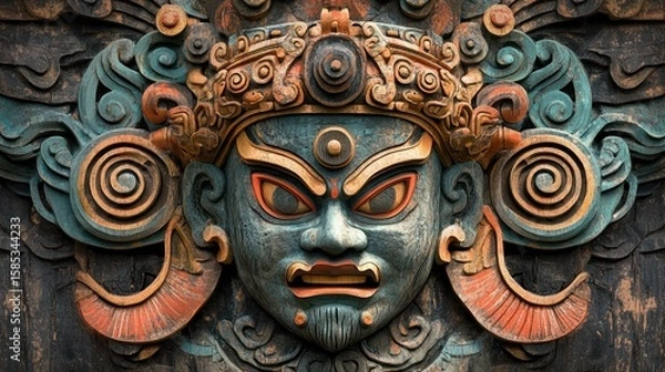 Fototapeta Intricate, carved wooden mask with detailed designs.