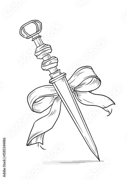 Fototapeta Tattoo design of a dagger with a ribbon in minimalistic style  