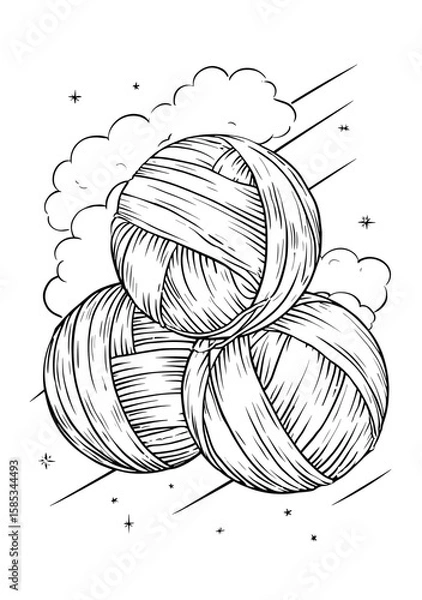 Fototapeta Illustration of three yarn balls in minimalistic line art style  