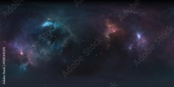 Fototapeta 360 degree space nebula. Giant interstellar cloud with stars, equirectangular projection, environment map. Spherical panorama. 3D rendering, Fractal image