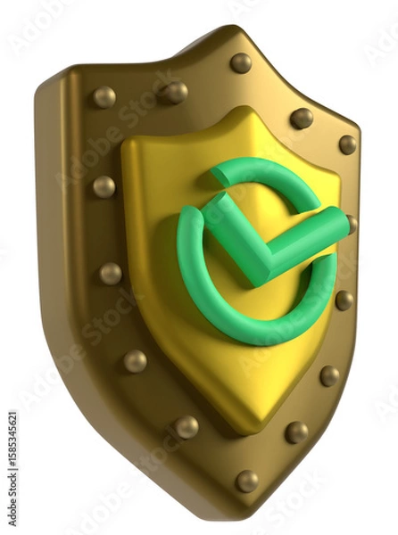 Obraz シールドに緑色のチェックマークが配置された認証とセキュリティを象徴する3Dイラスト