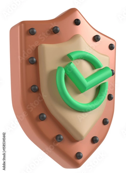 Obraz シールドに緑色のチェックマークが配置された認証とセキュリティを象徴する3Dイラスト