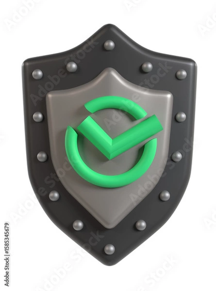 Obraz シールドに緑色のチェックマークが配置された認証とセキュリティを象徴する3Dイラスト